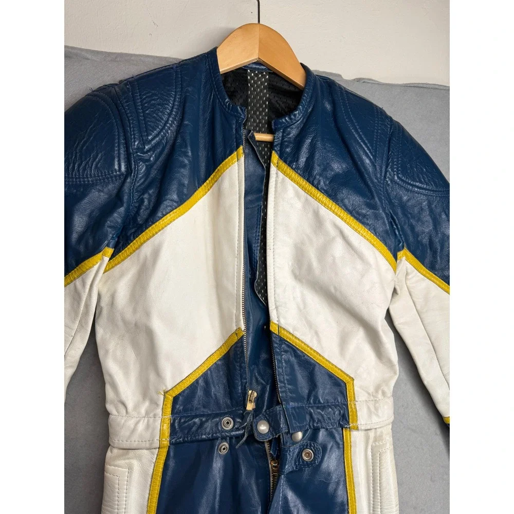 Vintage Leather Motorcycle Racing Suit Blue White Yellow handmade Jumpsuit